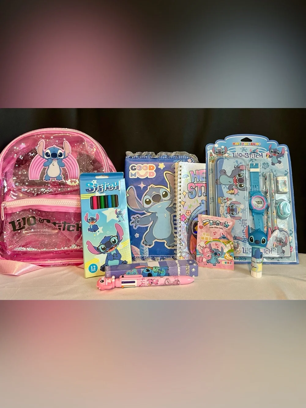 Stitch backpack and school supplies